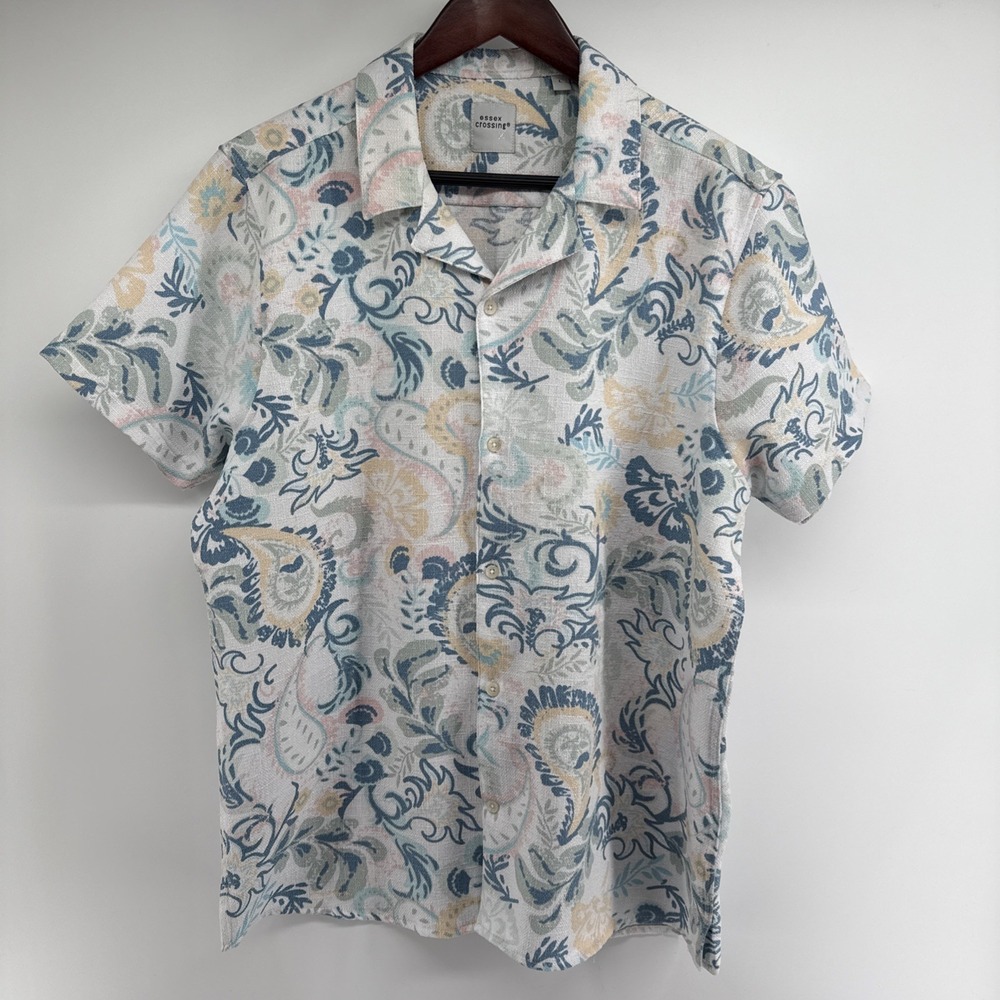 Coastal Linen Look Modern Essex Crossing Floral Paisley Button Short Sleeve Sz L
